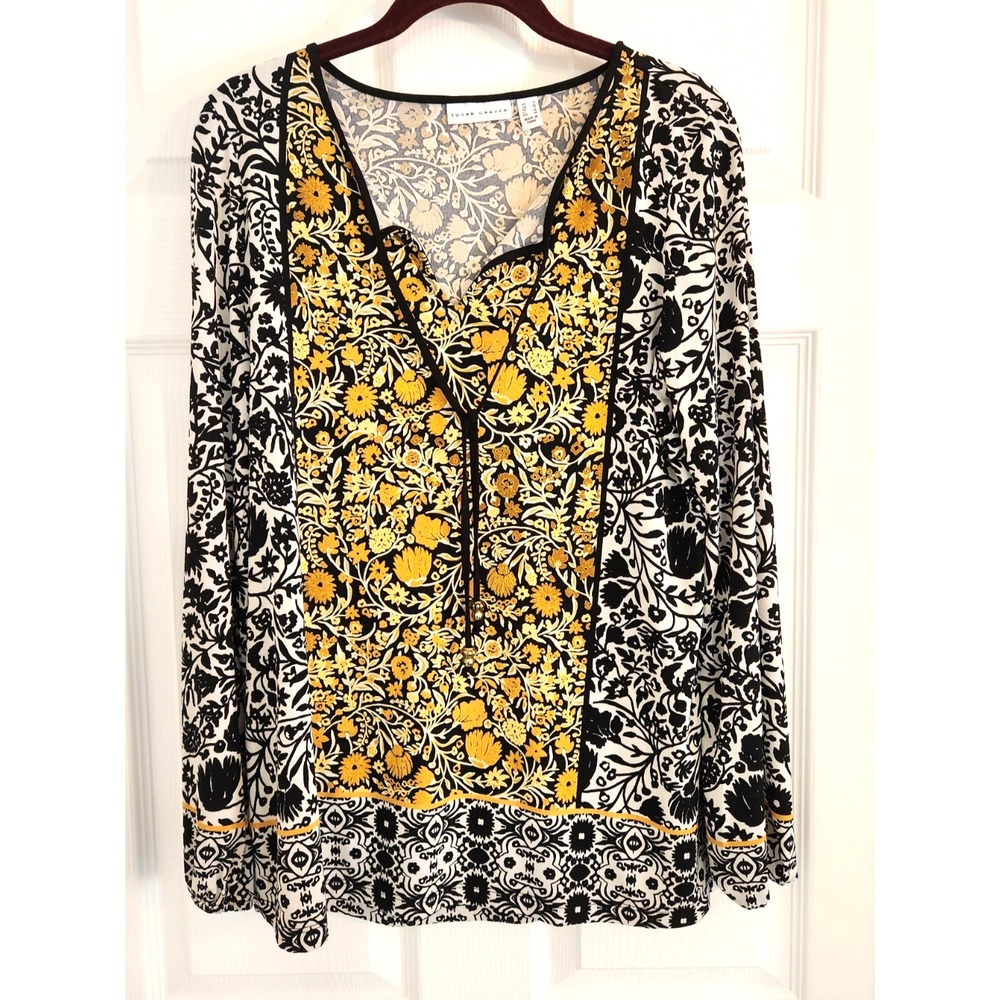 Susan Graver Women's Tunic Sz S Orange White Black Fall Style Long Sleeve
